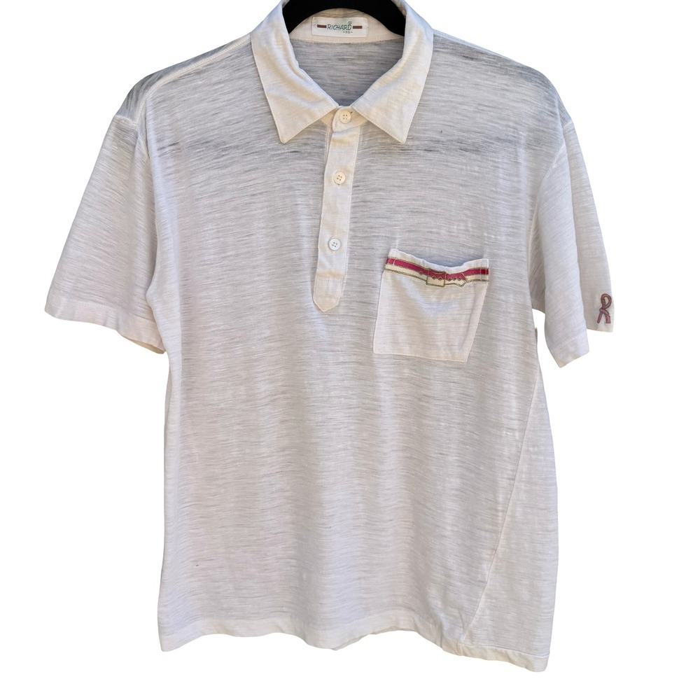 Richard Vintage 80s White Slub Knit Polo‎ Shirt Preppy Embroidered Tennis Mens M